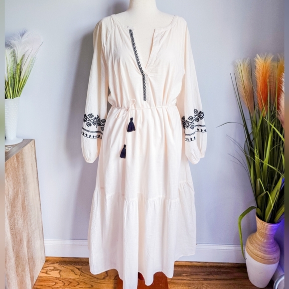 Zara New Ivory Black Embroidered Beaded Tassel Tie Flounce Maxi Dress SZ XXL - Picture 2 of 15